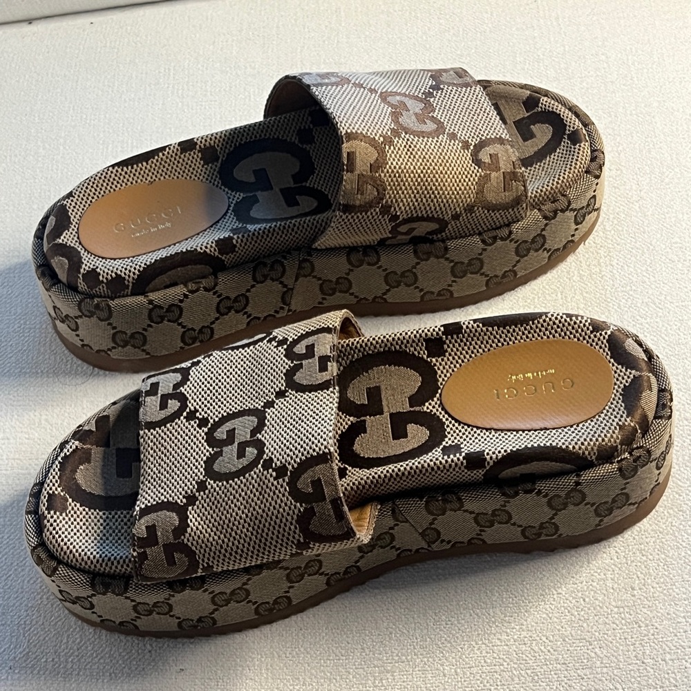 Gucci Tan Monogram Platform Slides - image 4